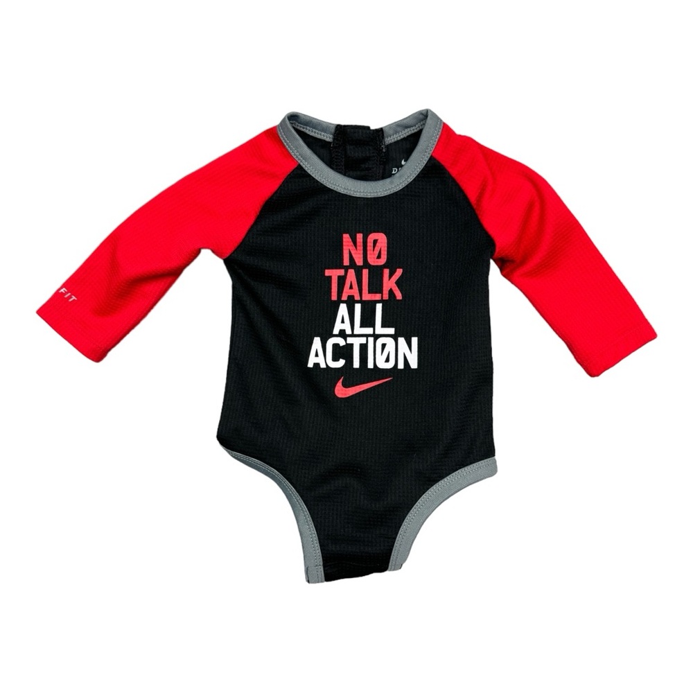 6 Mos EUC Nike Dri Fit Red Black Bodysuit No Talk All Action